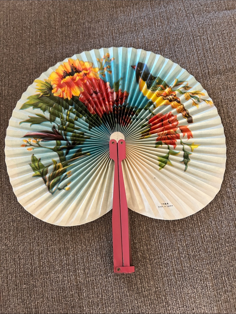 Handheld Folding Fan with Floral & Bird Print - Pink Handle
